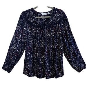 Caffe Marrakesh Navy Paisley Metallic Stripe Boho Peasant Blouse Top Womens Med